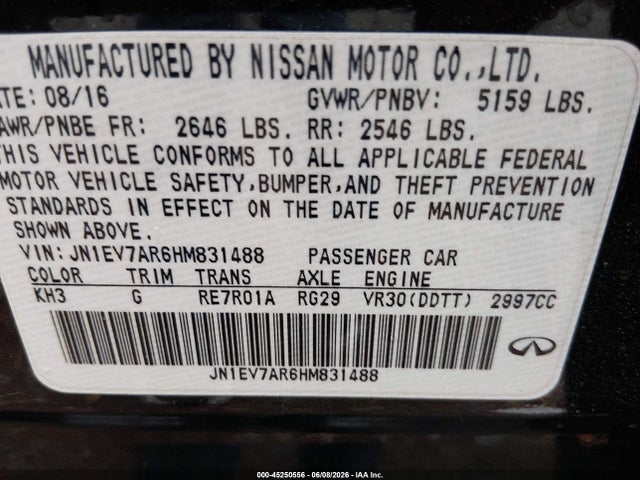 Продажа на аукционе авто 2017 Infiniti Q50 3.0t Sport, vin: JN1EV7AR6HM831488, номер лота: 45250556