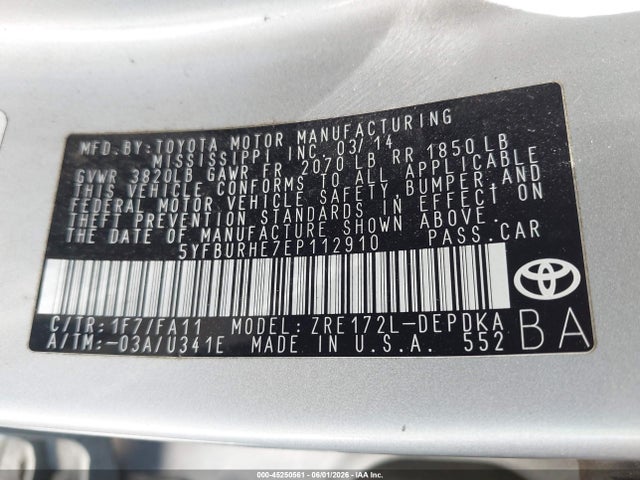 2014 Toyota Corolla L მანქანა იყიდება აუქციონზე, vin: 5YFBURHE7EP112910, აუქციონის ნომერი: 45250561