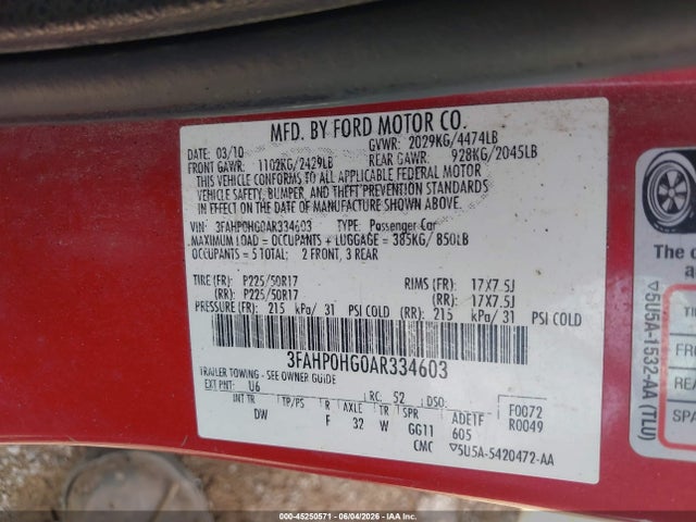 45250571 :رقم المزاد ، 3FAHP0HG0AR334603 vin ، 2010 Ford Fusion Se مزاد بيع