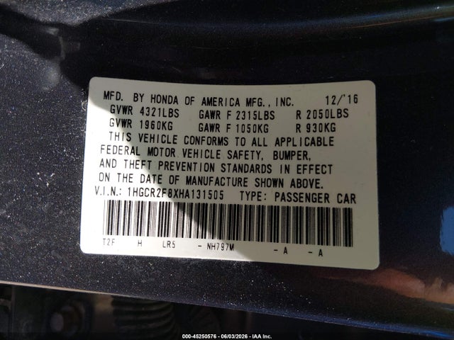 Aukcja sprzedaży 2017 Honda Accord Ex-l, vin: 1HGCR2F8XHA131505, numer aukcji: 45250576