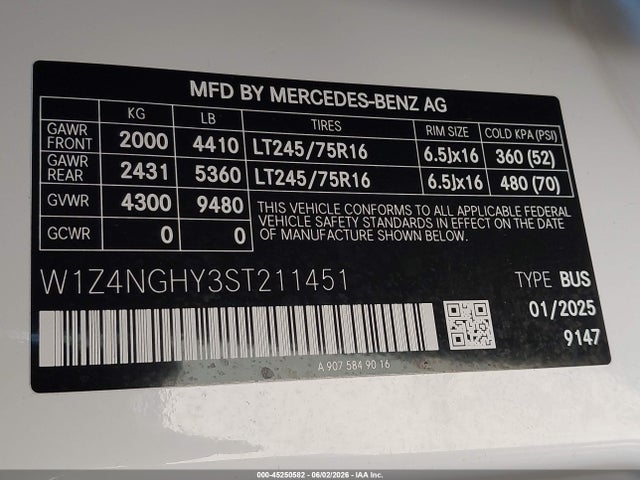 Продаж на аукціоні авто 2025 Mercedes-benz Sprinter 2500 High Roof 4-cyl Diesel Ho, vin: W1Z4NGHY3ST211451, номер лоту: 45250582