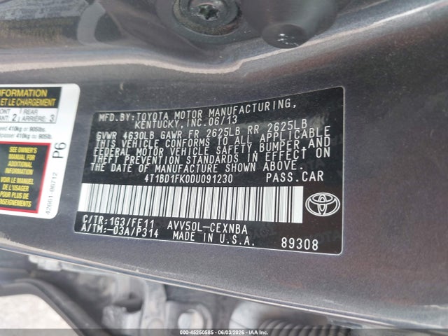 Aukcja sprzedaży 2013 Toyota Camry Hybrid Le, vin: 4T1BD1FK0DU091230, numer aukcji: 45250585
