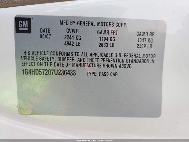 2007 Buick Lucerne Cxl მანქანა იყიდება აუქციონზე, vin: 1G4HD57207U236433, აუქციონის ნომერი: 45250586