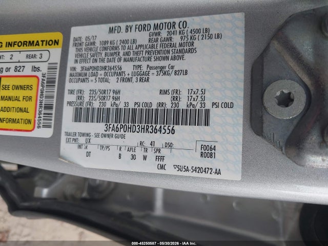 45250587 :رقم المزاد ، 3FA6P0HD3HR364556 vin ، 2017 Ford Fusion Se مزاد بيع