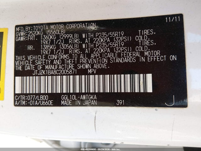 Aukcja sprzedaży 2012 Lexus Rx 350, vin: JTJZK1BA8C2005871, numer aukcji: 45250600