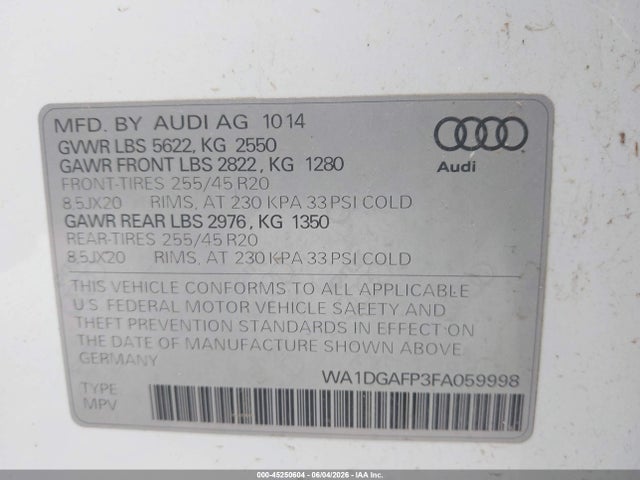 2015 Audi Q5 3.0t Premium Plus მანქანა იყიდება აუქციონზე, vin: WA1DGAFP3FA059998, აუქციონის ნომერი: 45250604