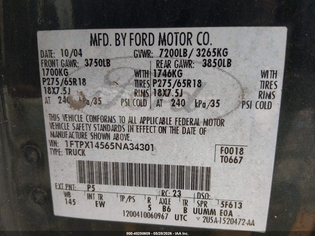 Продаж на аукціоні авто 2005 Ford F-150 Fx4/lariat/xl/xlt, vin: 1FTPX14565NA34301, номер лоту: 45250609