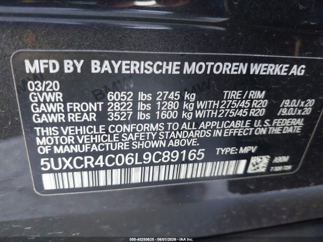 Aukcja sprzedaży 2020 Bmw X5 Sdrive40i, vin: 5UXCR4C06L9C89165, numer aukcji: 45250625