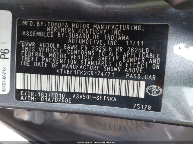 Продаж на аукціоні авто 2012 Toyota Camry Le, vin: 4T4BF1FK2CR174771, номер лоту: 45250630