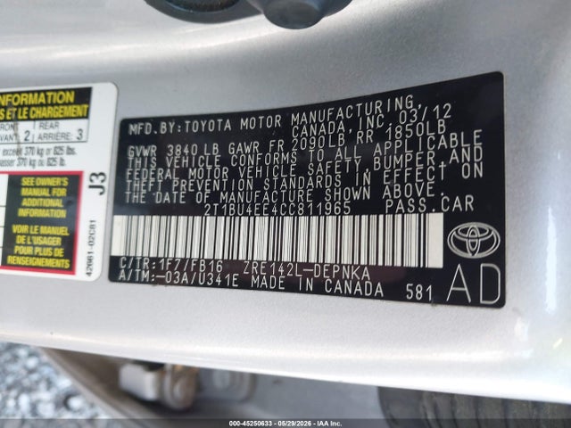 Продажа на аукционе авто 2012 Toyota Corolla Le, vin: 2T1BU4EE4CC811965, номер лота: 45250633