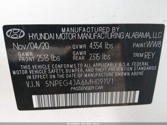 Продажа на аукционе авто 2021 Hyundai Sonata Se, vin: 5NPEG4JA6MH091171, номер лота: 45250645