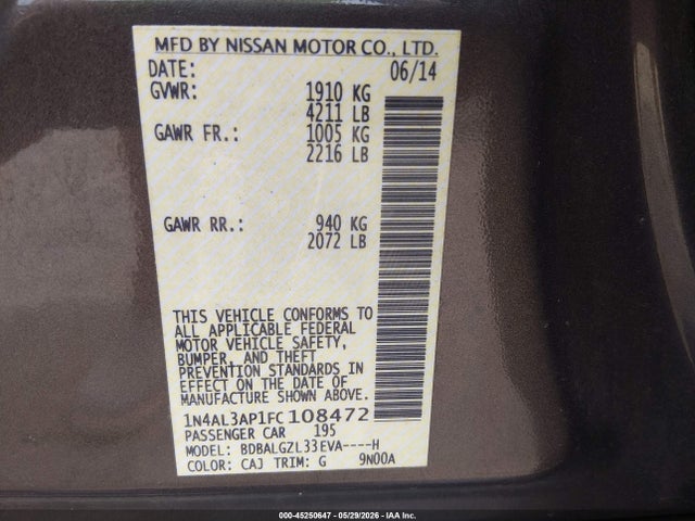Aukcja sprzedaży 2015 Nissan Altima 2.5 S, vin: 1N4AL3AP1FC108472, numer aukcji: 45250647