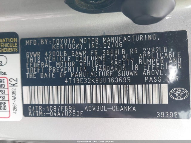 2006 Toyota Camry Le მანქანა იყიდება აუქციონზე, vin: 4T1BE32K86U163695, აუქციონის ნომერი: 45250649