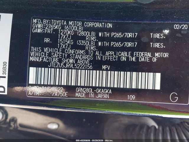 45250656 :رقم المزاد ، JTEZU5JR9L5222156 vin ، 2020 Toyota 4runner Sr5 مزاد بيع