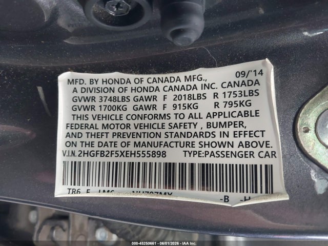 Honda Civic Lx 2014 2HGFB2F5XEH555898 Image 9