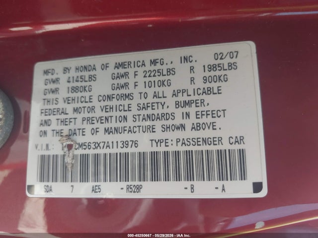 Продажа на аукционе авто 2007 Honda Accord 2.4 Se, vin: 1HGCM563X7A113976, номер лота: 45250667