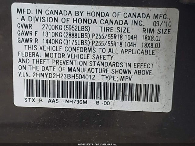 Aukcja sprzedaży 2011 Acura Mdx, vin: 2HNYD2H23BH504012, numer aukcji: 45250679