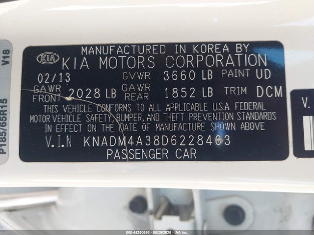 2013 Kia Rio Lx მანქანა იყიდება აუქციონზე, vin: KNADM4A38D6228463, აუქციონის ნომერი: 45250693