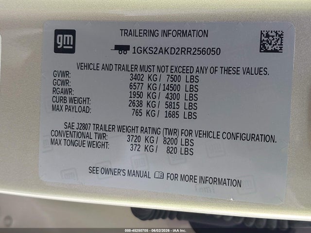 45250705 :رقم المزاد ، 1GKS2AKD2RR256050 vin ، 2024 Gmc Yukon 4wd Sle مزاد بيع