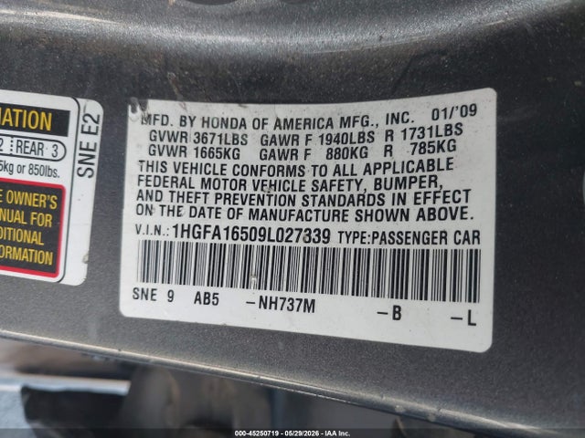 Продажа на аукционе авто 2009 Honda Civic Lx, vin: 1HGFA16509L027339, номер лота: 45250719
