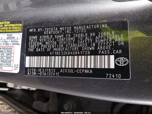 Aukcja sprzedaży 2004 Toyota Camry Le, vin: 4T1BE32K84U841729, numer aukcji: 45250721