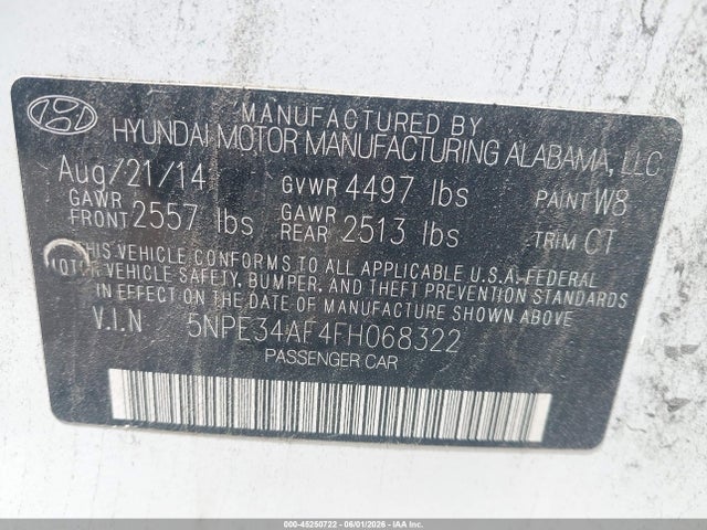 2015 Hyundai Sonata Sport მანქანა იყიდება აუქციონზე, vin: 5NPE34AF4FH068322, აუქციონის ნომერი: 45250722