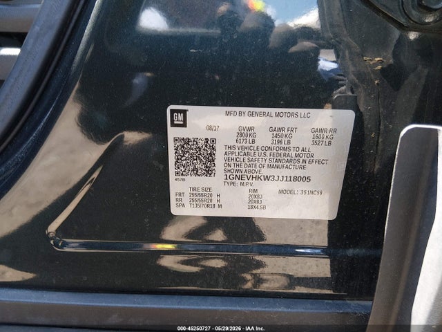 Продажа на аукционе авто 2018 Chevrolet Traverse 3lt, vin: 1GNEVHKW3JJ118005, номер лота: 45250727