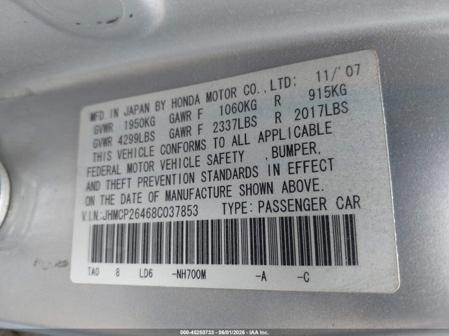 Aukcja sprzedaży 2008 Honda Accord 2.4 Lx-p, vin: JHMCP26468C037853, numer aukcji: 45250733