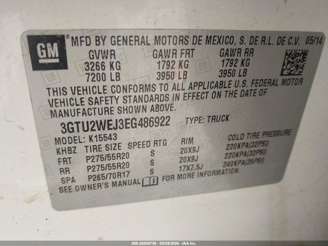2014 Gmc Sierra 1500 Denali მანქანა იყიდება აუქციონზე, vin: 3GTU2WEJ3EG486922, აუქციონის ნომერი: 45250736
