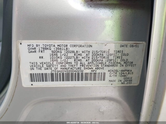 Aukcja sprzedaży 2002 Toyota Rav4, vin: JTEGH20V220042232, numer aukcji: 45250739