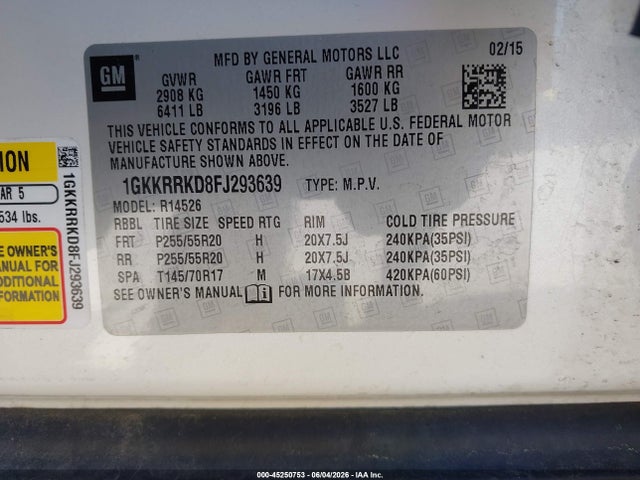 45250753 :رقم المزاد ، 1GKKRRKD8FJ293639 vin ، 2015 Gmc Acadia Slt-1 مزاد بيع