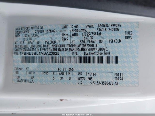 45250757 :رقم المزاد ، 1FBNE3BL1ADA23625 vin ، 2010 Ford E-350 Super Duty Xl/xlt مزاد بيع