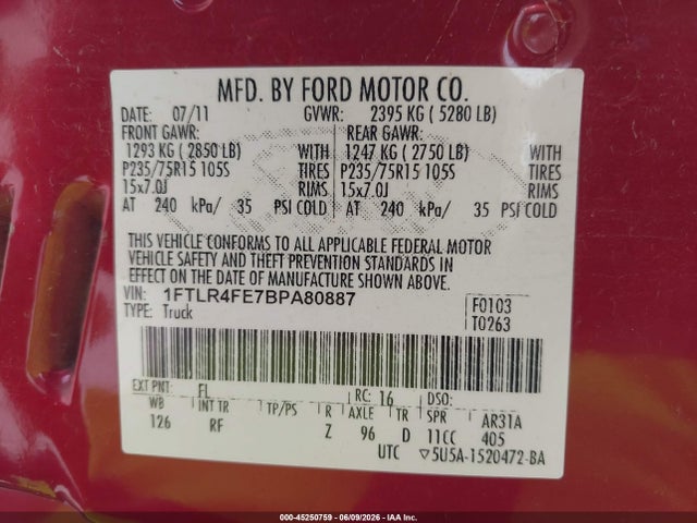 Продаж на аукціоні авто 2011 Ford Ranger Xlt, vin: 1FTLR4FE7BPA80887, номер лоту: 45250759