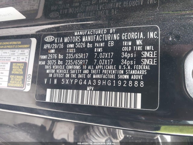 2017 Kia Sorento 2.4l Lx მანქანა იყიდება აუქციონზე, vin: 5XYPG4A39HG192888, აუქციონის ნომერი: 45250776