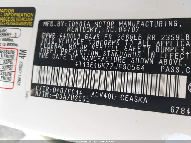 Продажа на аукционе авто 2007 Toyota Camry Se, vin: 4T1BE46K77U690564, номер лота: 45250777