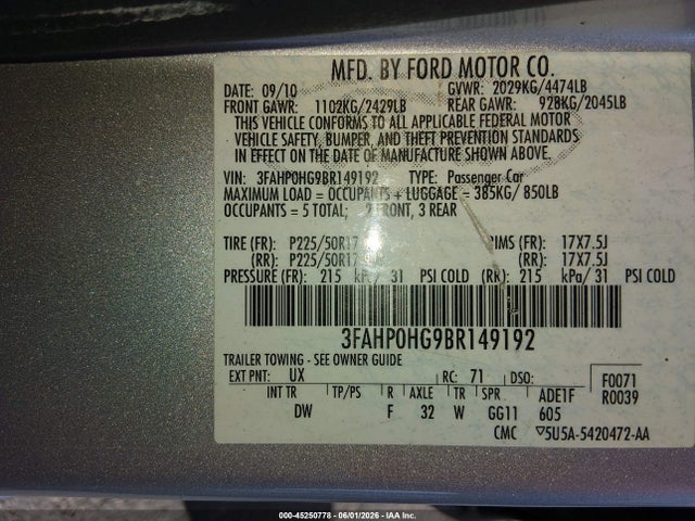 Aukcja sprzedaży 2011 Ford Fusion Se, vin: 3FAHP0HG9BR149192, numer aukcji: 45250778
