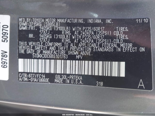 Aukcja sprzedaży 2011 Toyota Sienna Le V6, vin: 5TDKK3DC6BS101763, numer aukcji: 45250780