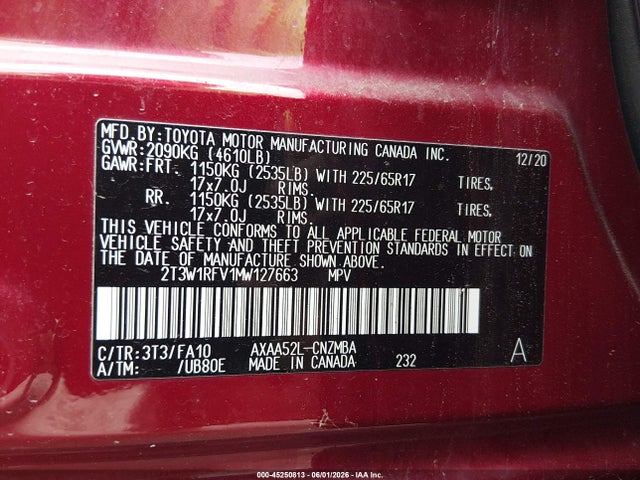 2021 Toyota Rav4 Xle მანქანა იყიდება აუქციონზე, vin: 2T3W1RFV1MW127663, აუქციონის ნომერი: 45250813