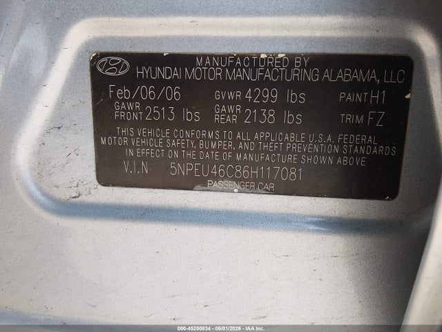Продаж на аукціоні авто 2006 Hyundai Sonata Gls, vin: 5NPEU46C86H117081, номер лоту: 45250834
