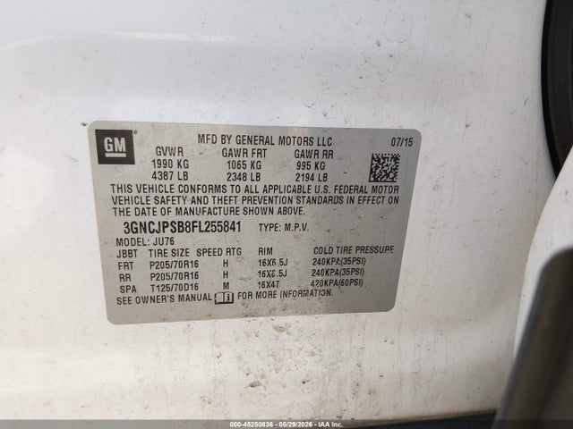 Aukcja sprzedaży 2015 Chevrolet Trax 1ls, vin: 3GNCJPSB8FL255841, numer aukcji: 45250836