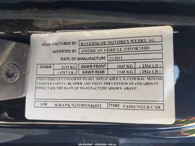 Продажа на аукционе авто 2011 Bmw 328i Xdrive, vin: WBAPK7G51BNN86052, номер лота: 45250847