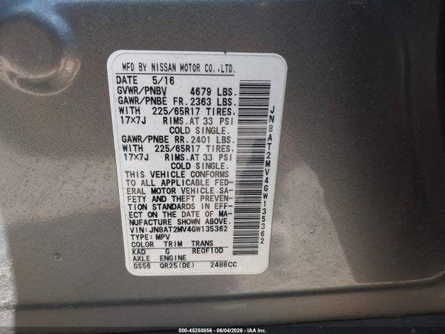 Aukcja sprzedaży 2016 Nissan Rogue S, vin: JN8AT2MV4GW135362, numer aukcji: 45250856