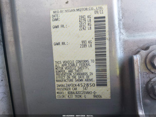 Aukcja sprzedaży 2012 Nissan Altima 2.5 S, vin: 1N4AL2AP3CN452850, numer aukcji: 45250858