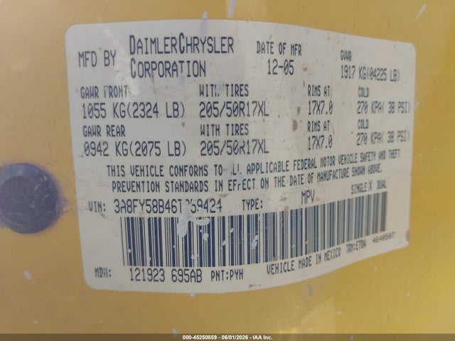 Продаж на аукціоні авто 2006 Chrysler Pt Cruiser Touring, vin: 3A8FY58B46T259424, номер лоту: 45250859