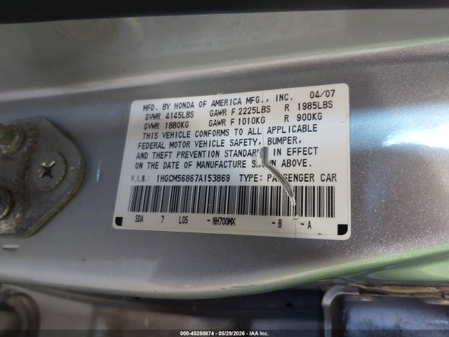 45250874 :رقم المزاد ، 1HGCM56867A153869 vin ، 2007 Honda Accord 2.4 Ex مزاد بيع