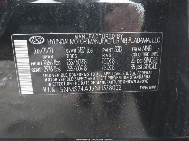 Aukcja sprzedaży 2022 Hyundai Santa Fe Sel, vin: 5NMS24AJ5NH378002, numer aukcji: 45250879
