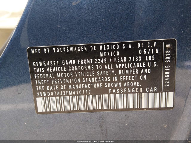 Aukcja sprzedaży 2015 Volkswagen Jetta 1.8t Se, vin: 3VWD07AJ3FM410117, numer aukcji: 45250880