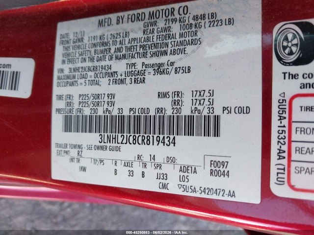 Продажа на аукционе авто 2012 Lincoln Mkz, vin: 3LNHL2JC8CR819434, номер лота: 45250883