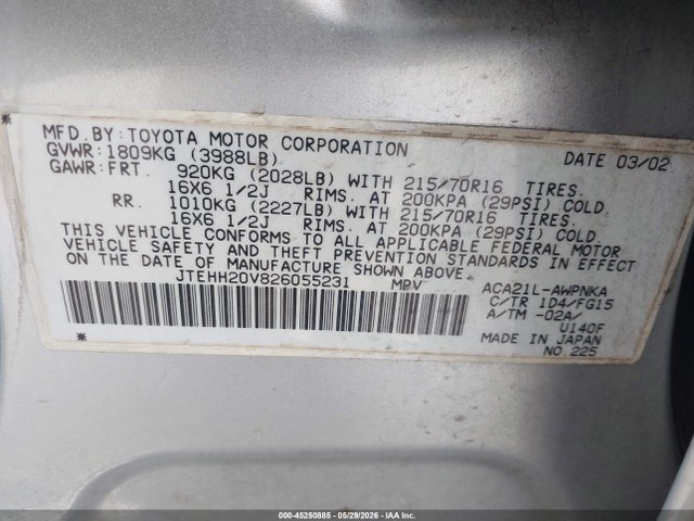 45250885 :رقم المزاد ، JTEHH20V826055231 vin ، 2002 Toyota Rav4 مزاد بيع