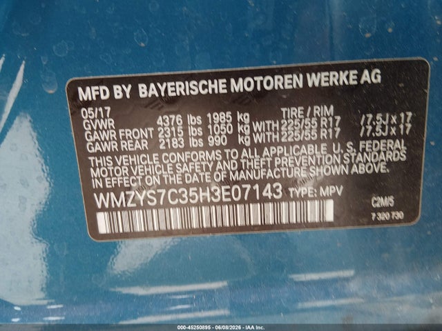 45250895 :رقم المزاد ، WMZYS7C35H3E07143 vin ، 2017 Mini Countryman Cooper مزاد بيع